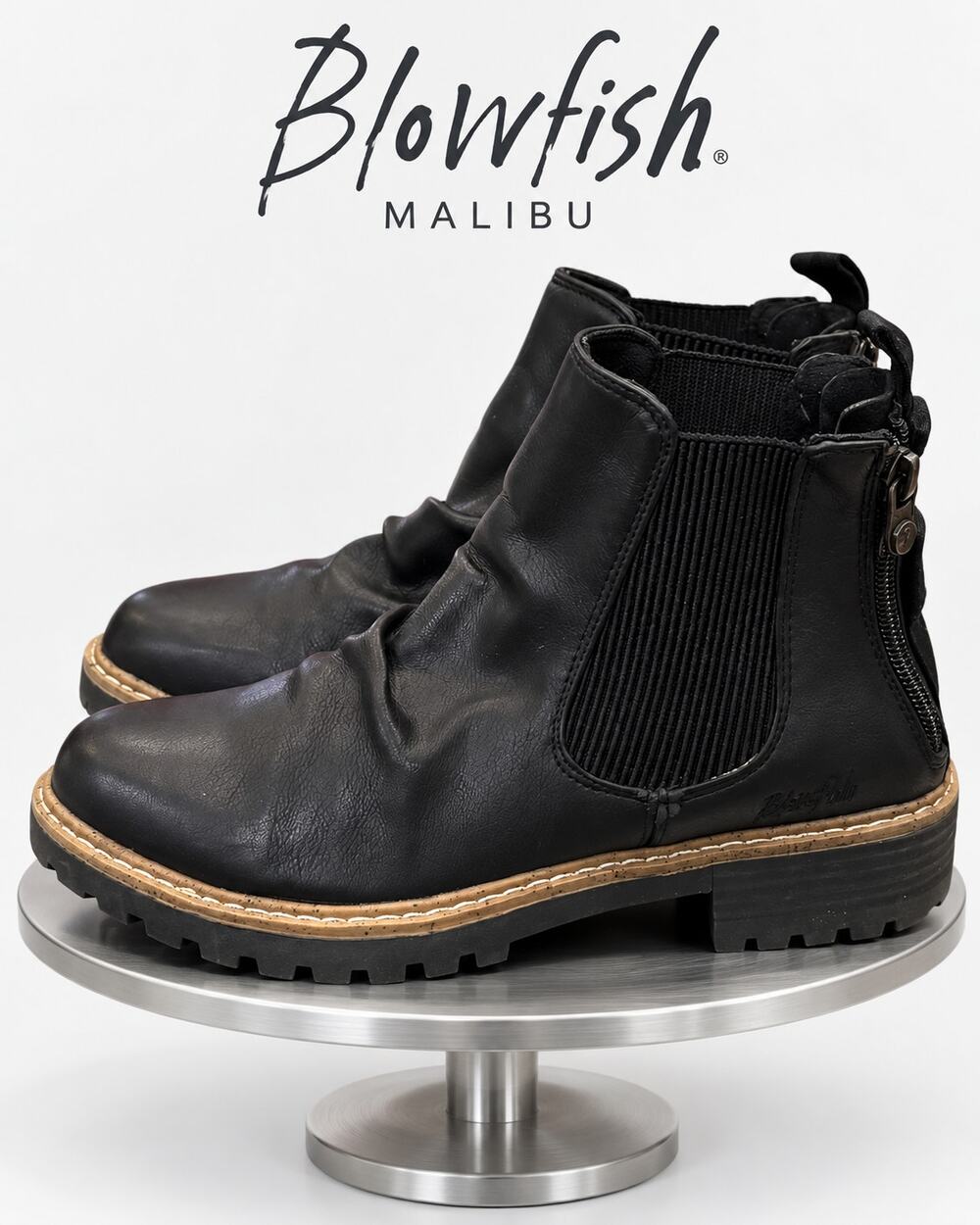 Blowfish Malibu Chillin Black Chelsea Ankle Boots Lug Sole Women’s Size 6